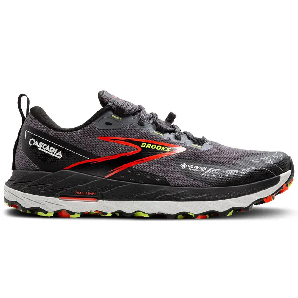 Men's Brooks Cascadia 18 GTX, Blackened Pearl/Black/Tomato, 7.5 D Medium