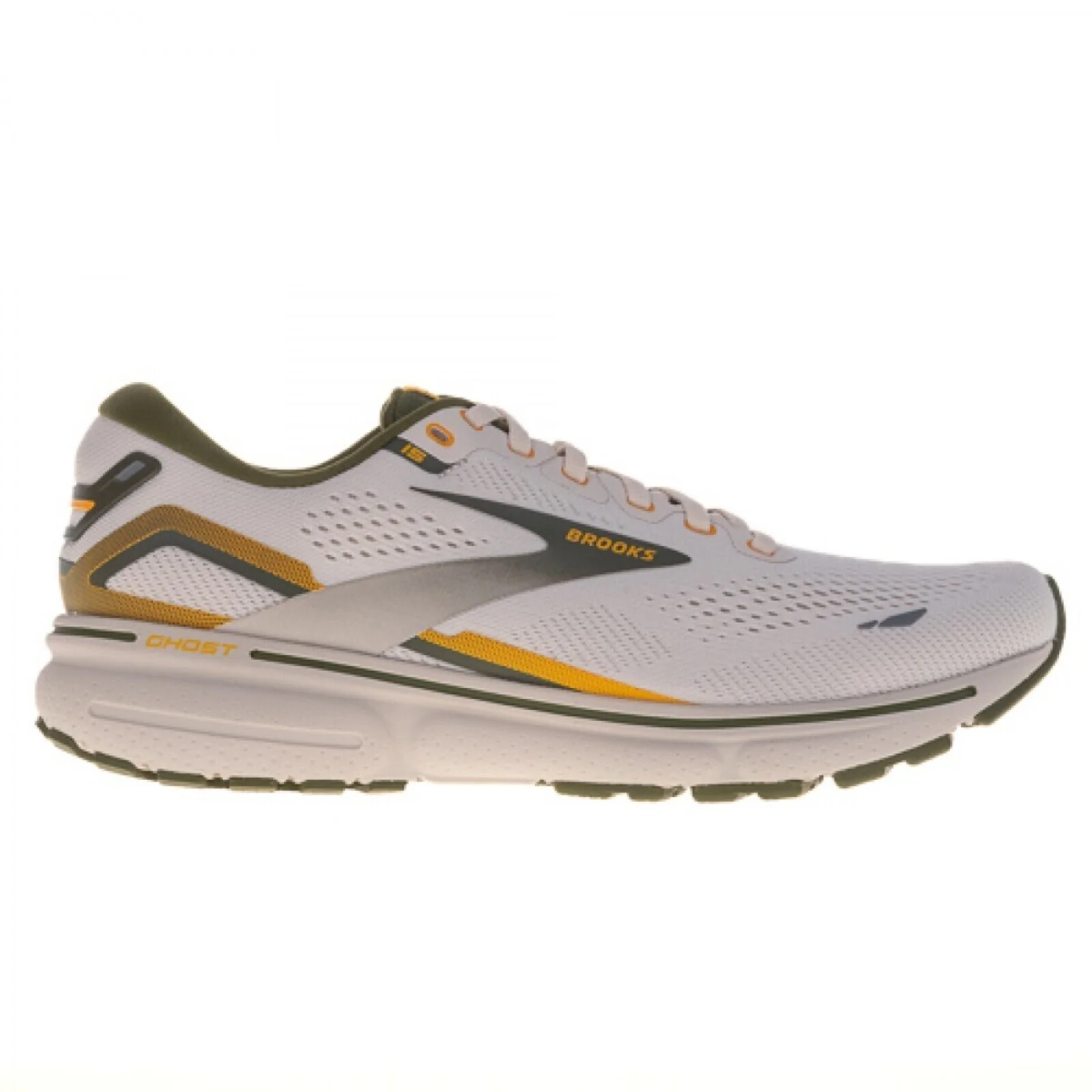 Men's Brooks Ghost 15, Grey/Green/Daylilly, 8 D Medium