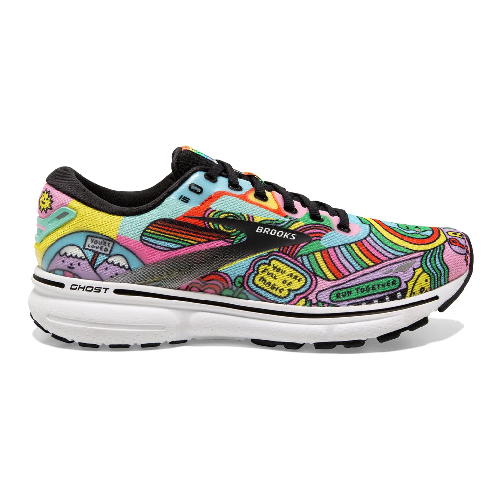 Men's Brooks Ghost 15, Black/White/Multi, 9 D Medium