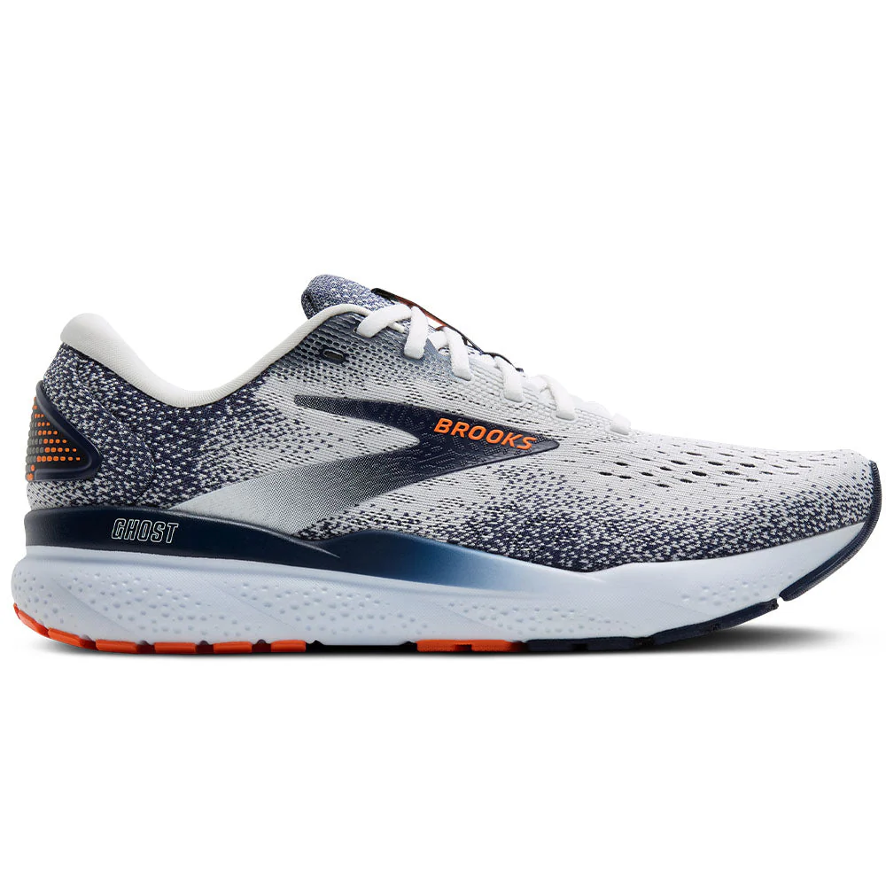 Men's Brooks Ghost 16, White/Peacoat/Orange, 10.5 D Medium