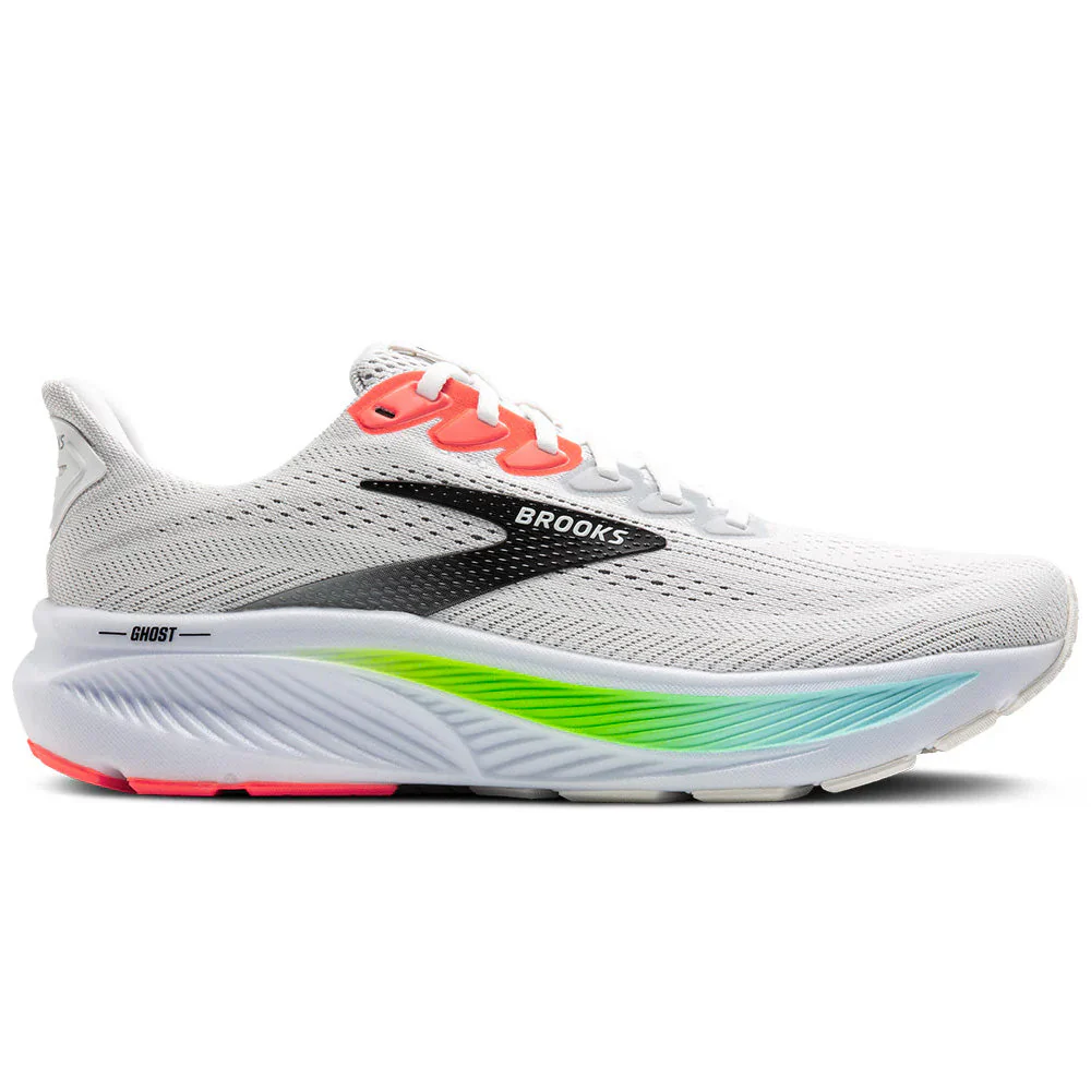 Men's Brooks Ghost 17, White/Pink Clay/Gecko, 11 2E Wide