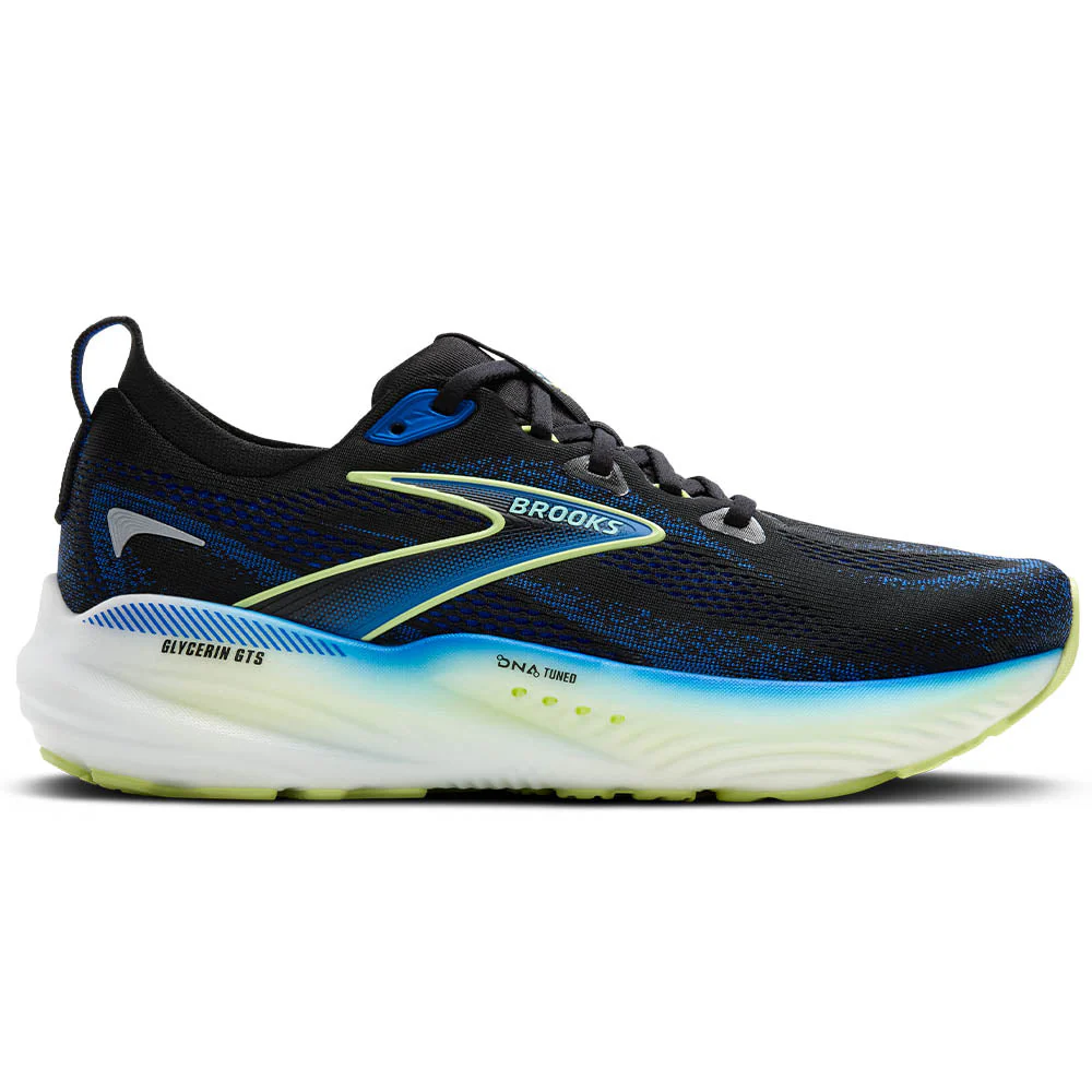 Men's Brooks Glycerin GTS 22, Black/Cobalt/Neo Yellow, 9 D Medium