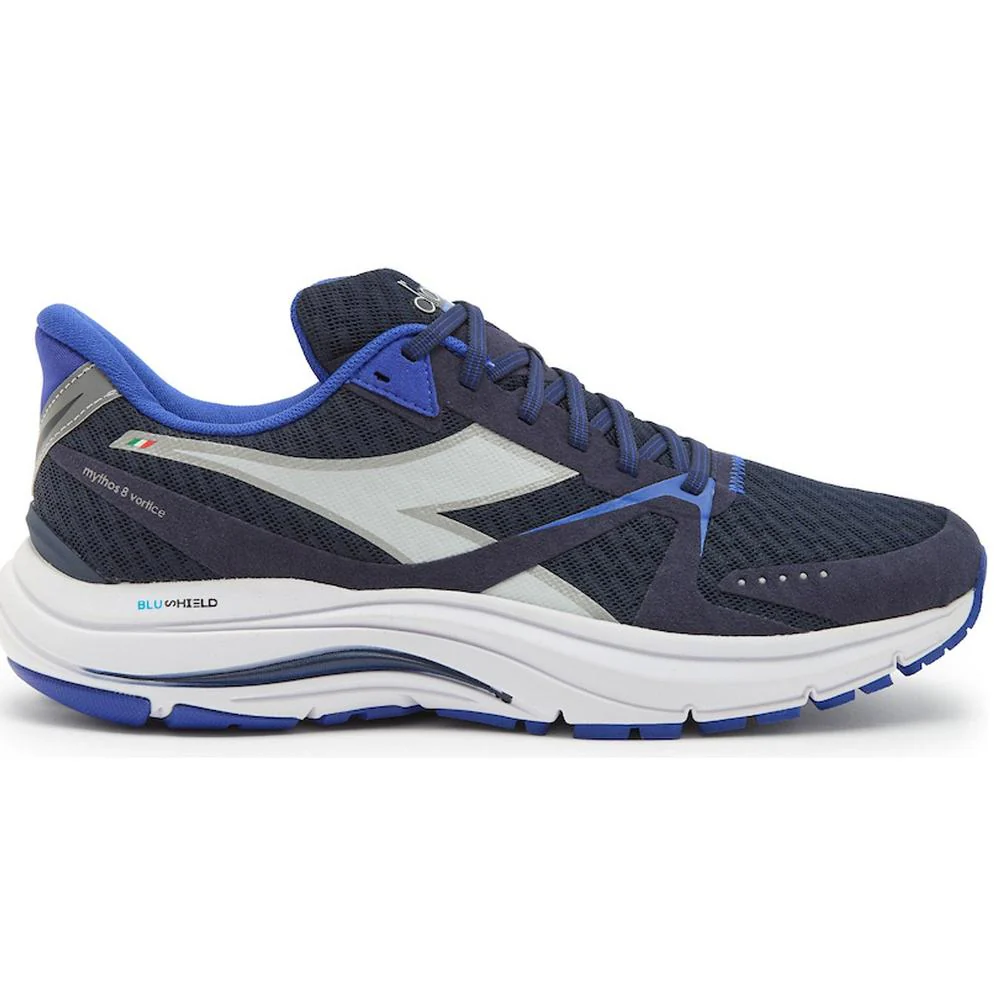 Men's Diadora Mythos Blushield 8 Vortice, Blue Opal/Silver/DD White, 9.5 D Medium