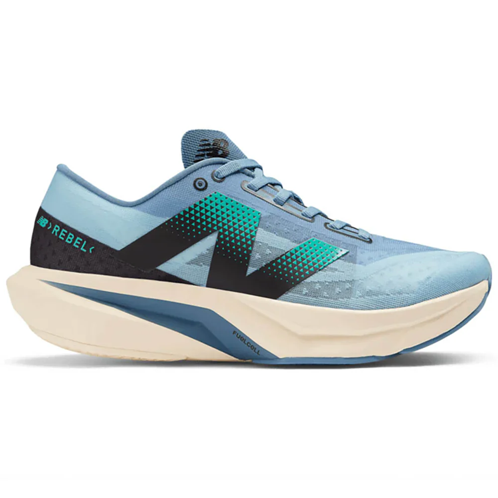 Men's New Balance FuelCell Rebel v4, Heron Blue/Chrome Blue/Black/Cyber Jade, 13 2E Wide