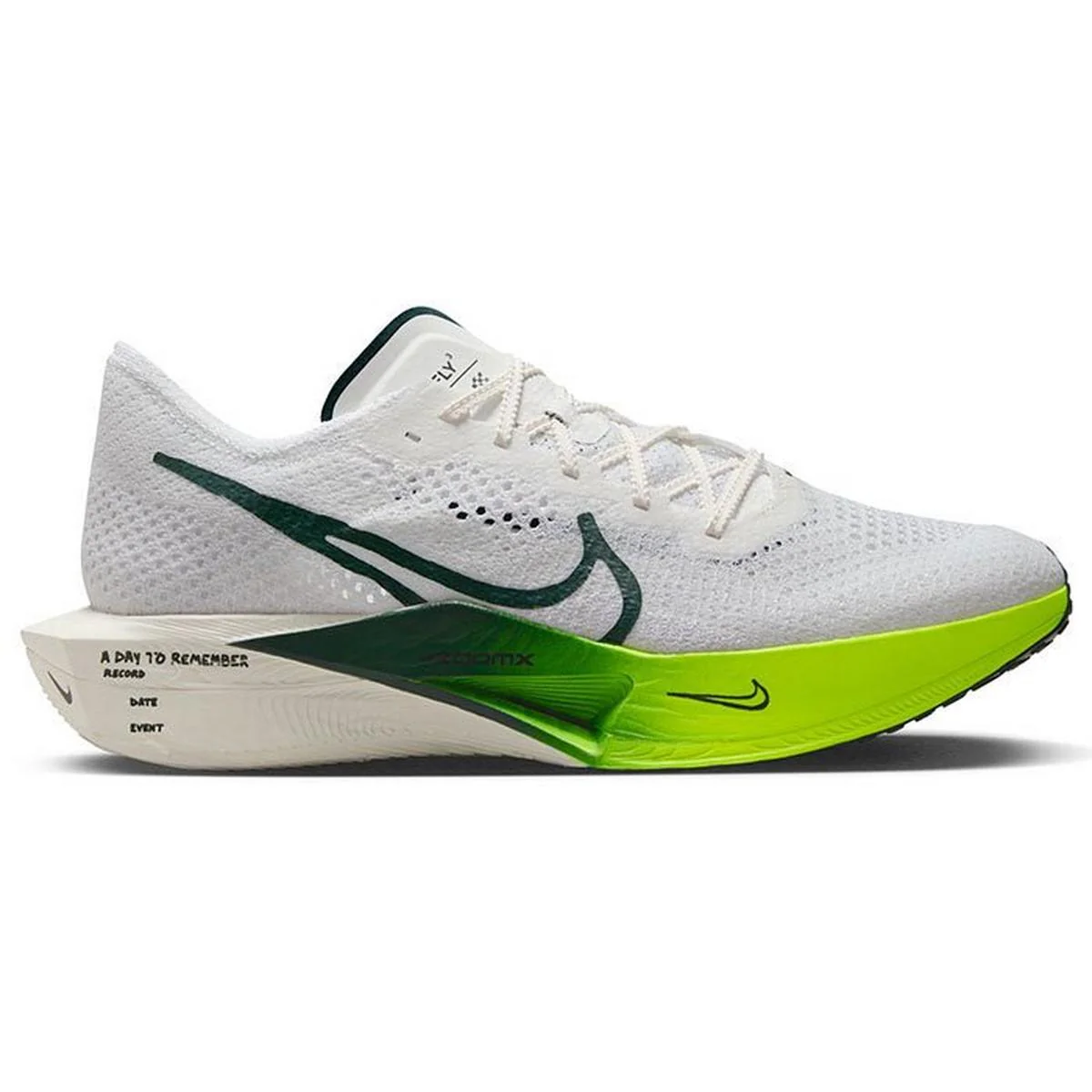 Men's Nike ZoomX Vaporfly Next% 3, White/Pro Green-Volt-Sail, 12 D Medium