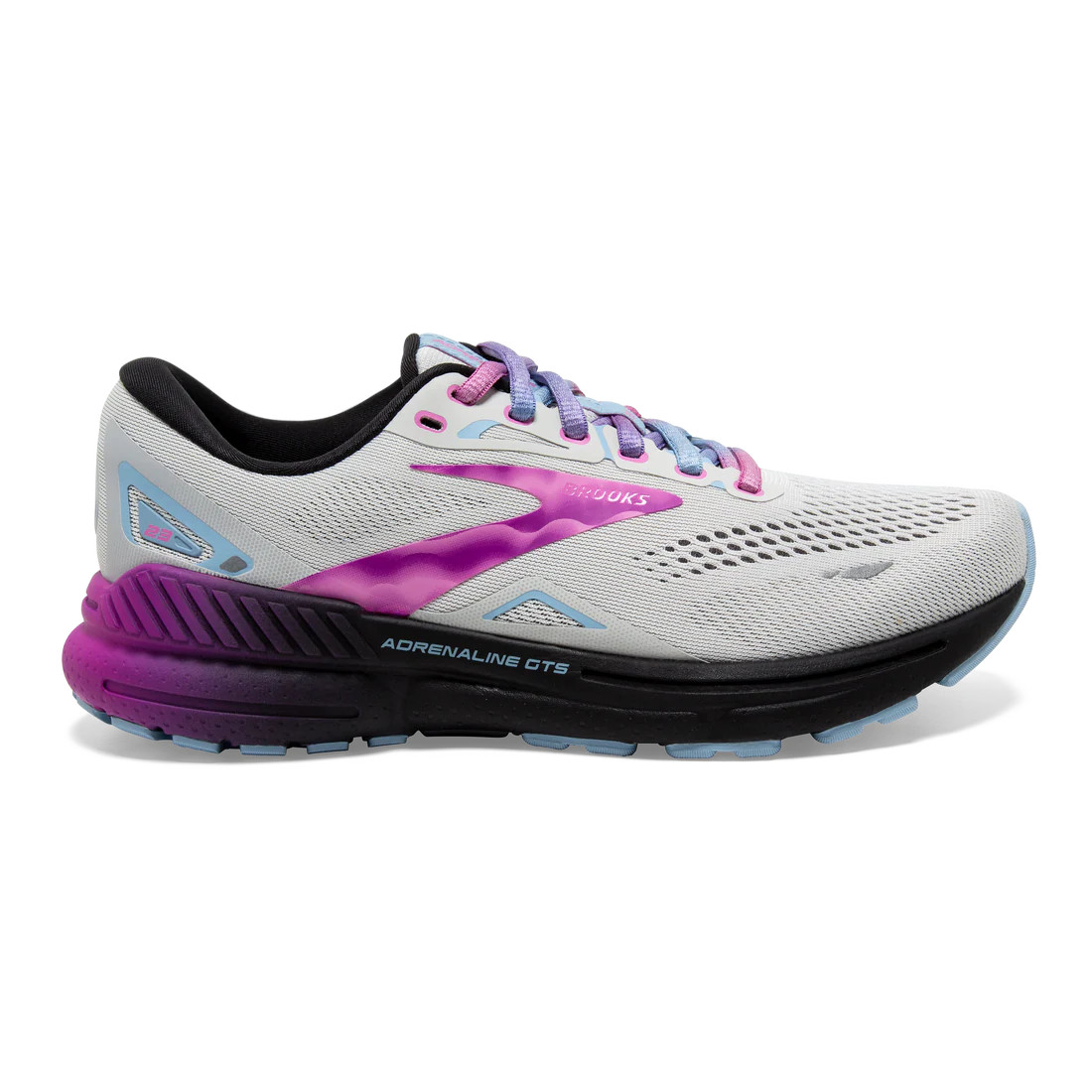 Women's Brooks Adrenaline GTS 23, Dawn Blue/Purple Cactus/Black, 9 B Medium