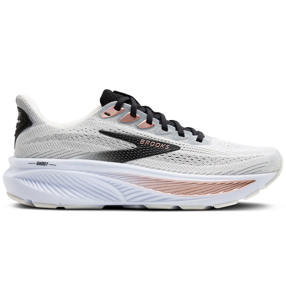 Women's Brooks Ghost 17, White/Black/Rose Gold, 8.5 D Wide