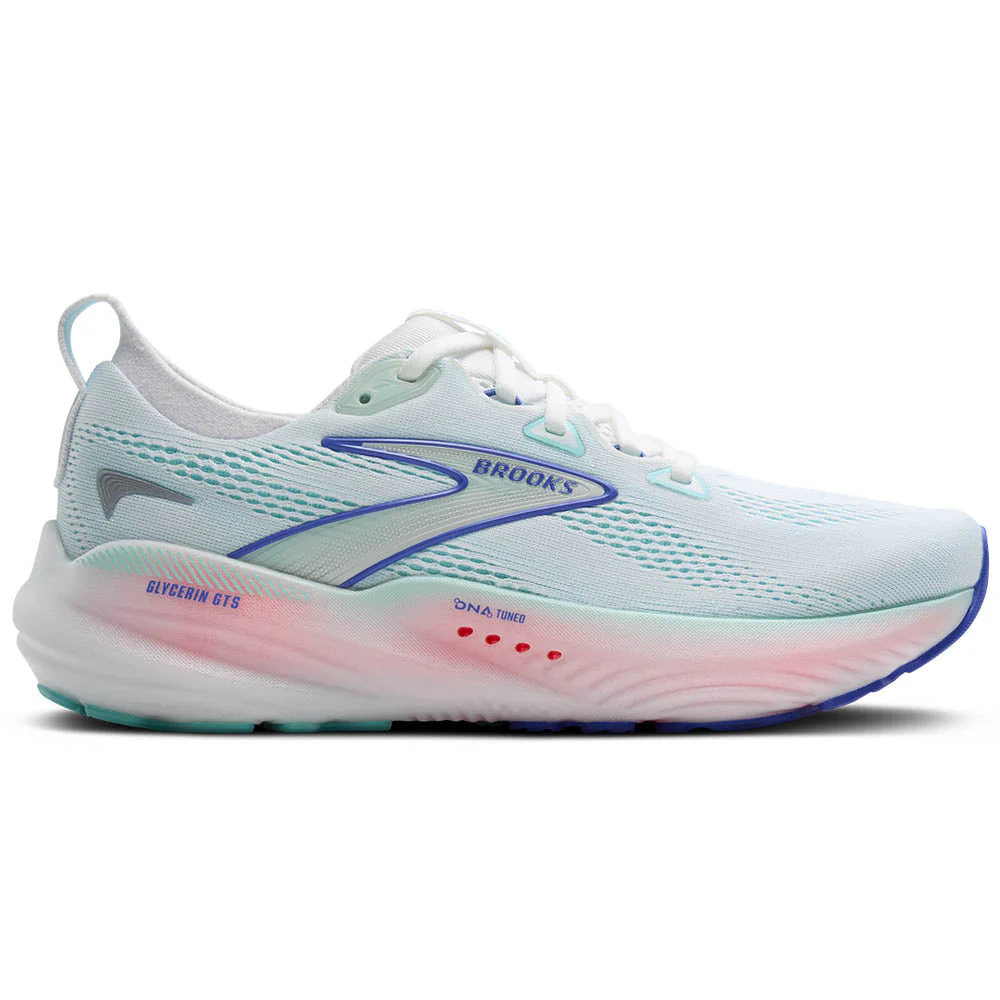 Women's Brooks Glycerin GTS 22, White/Limpet Shell/Amparo Blue, 9.5 D Wide