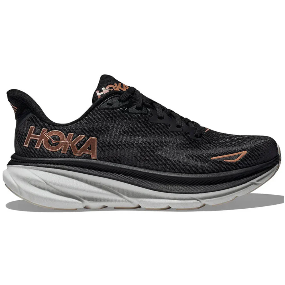 Women's Hoka Clifton 9, Black/Rose Gold, 5 D Wide