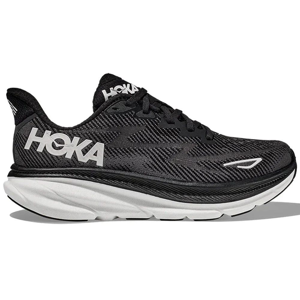 Women's Hoka Clifton 9, Black/White, 7.5 D Wide