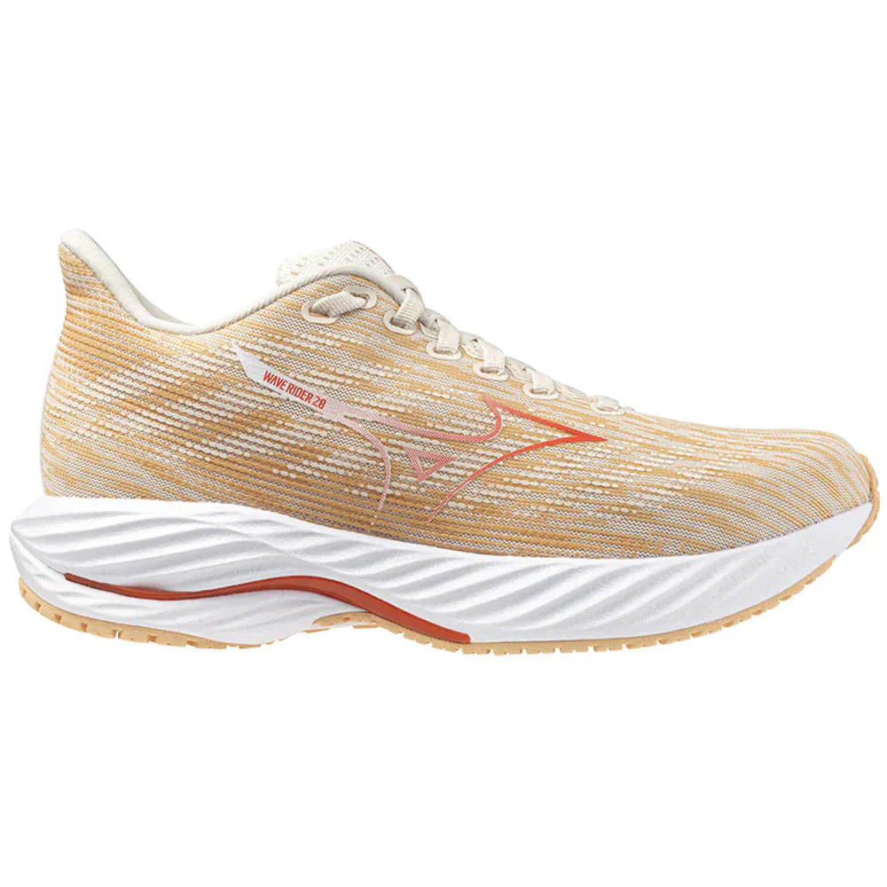 Women's Mizuno Wave Rider 28, Pristine/Spicy Orange, 8 B Medium