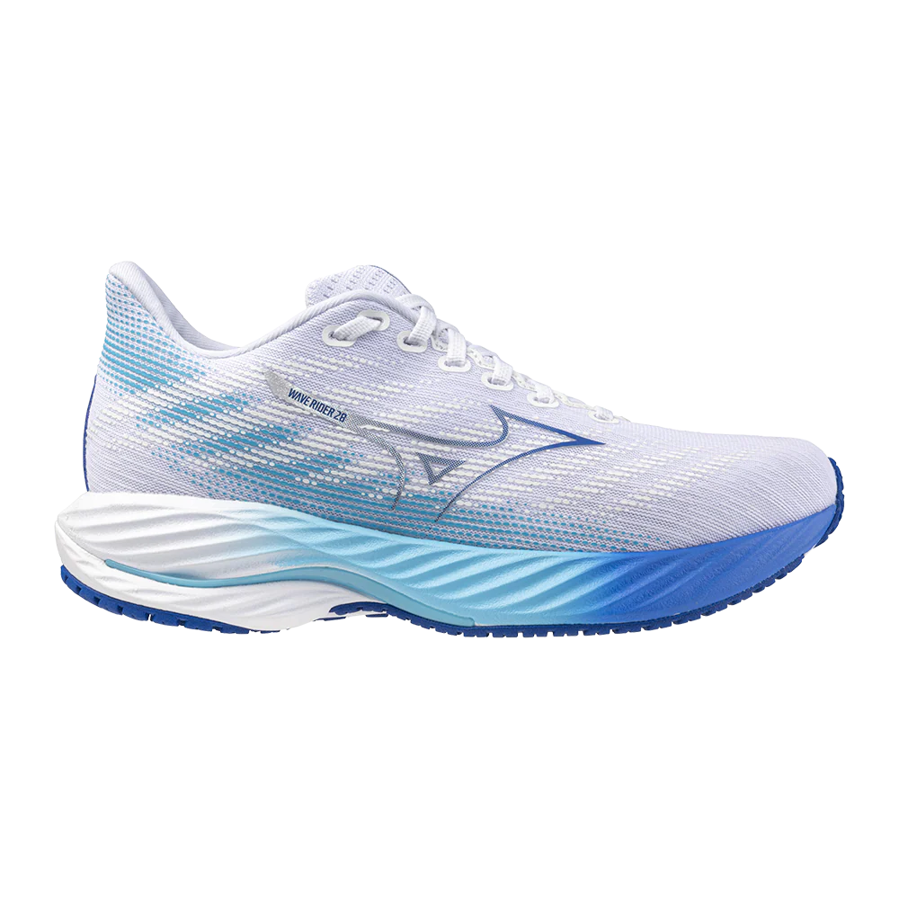 Women's Mizuno Wave Rider 28, White/Mugen Blue, 10 B Medium