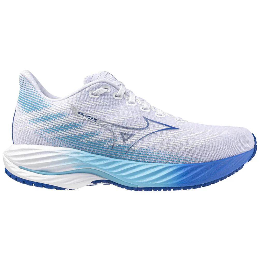 Women's Mizuno Wave Rider 28, White/Mugen Blue, 8.5 D Wide