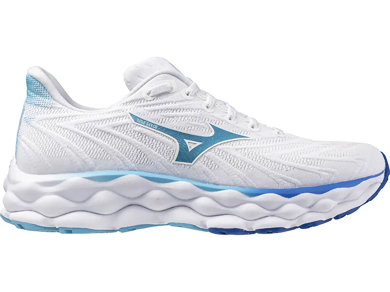 Women's Mizuno Wave Sky 8, White/Moroccan Blue, 7.5 B Medium