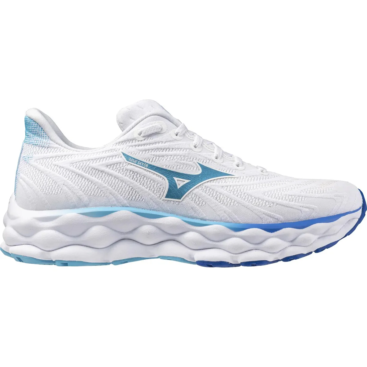 Women's Mizuno Wave Sky 8, White-Moroccan Blue, 8 B Medium