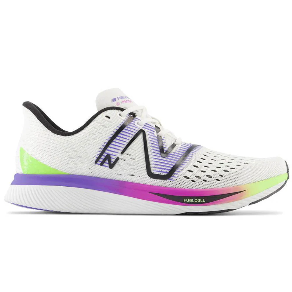 Women's New Balance FuelCell SuperComp Pacer v1, White/Electric Indigo/Thirty Watt/Cosmic Rose, 7.5 B Medium